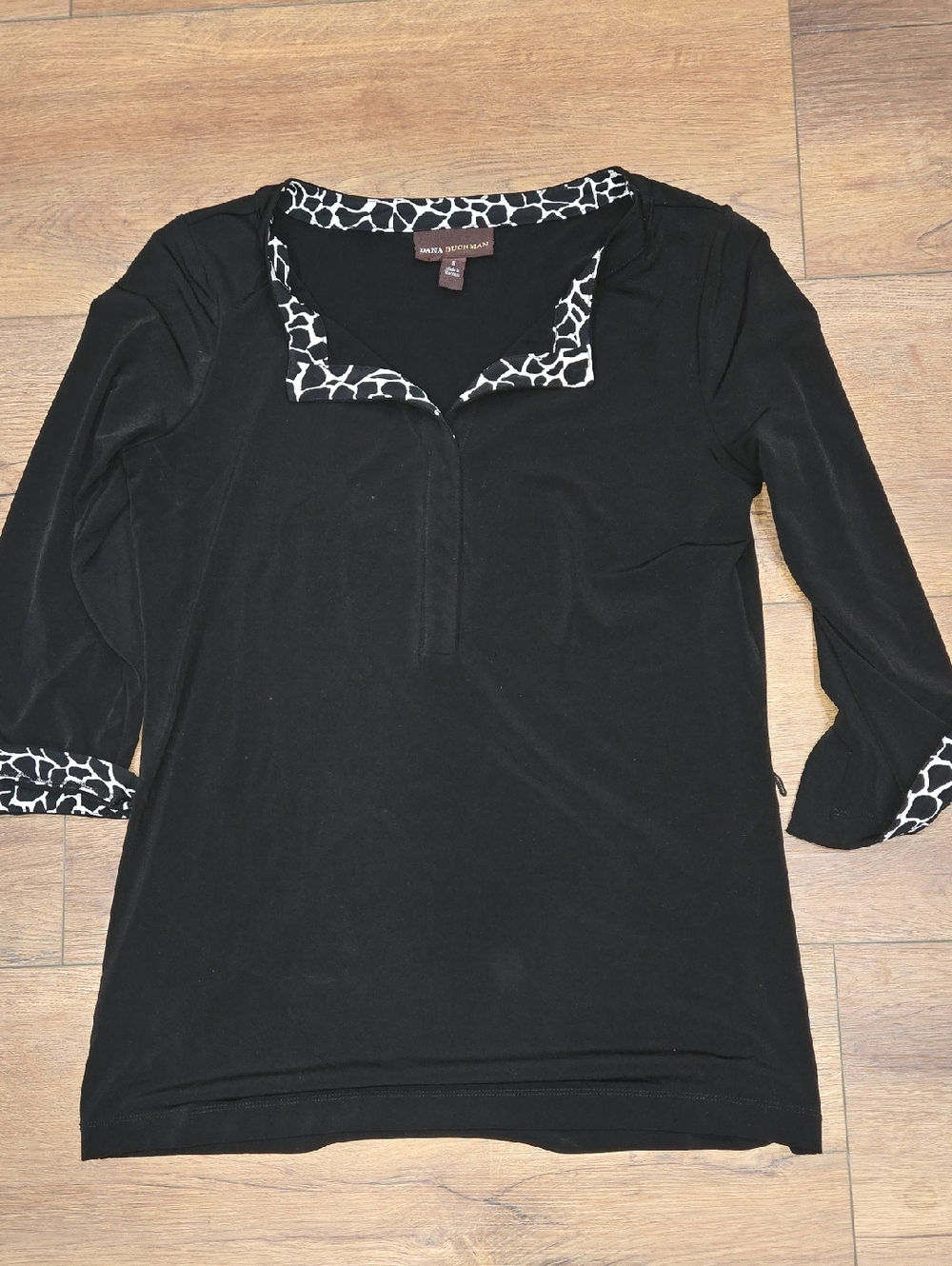 Dana Buchman Black Long-Sleeve Polo with Animal-Print Trim